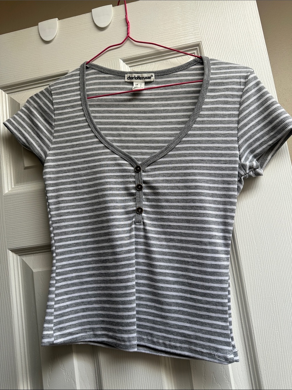 Charlotte Russe Gray & White Striped Henley Short Sleeve Tee